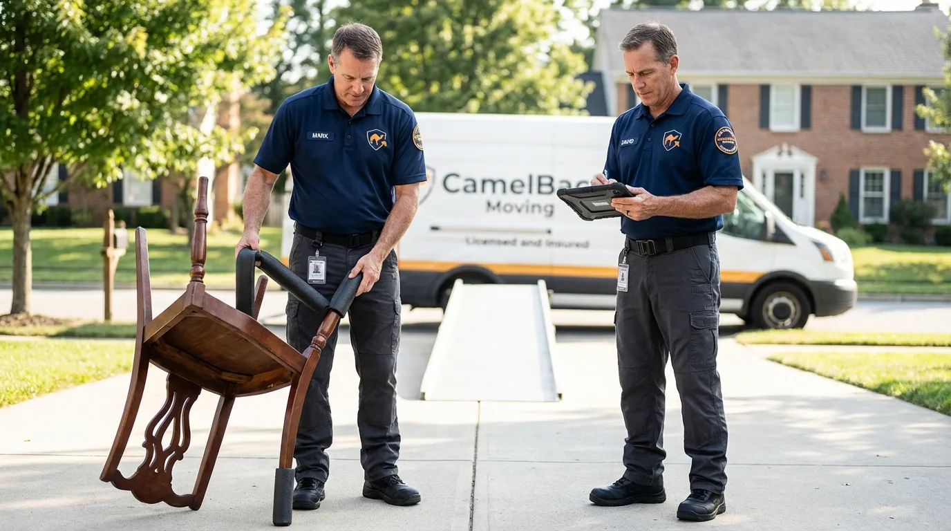 Movers inspecting furniture for damage prevention before loading in Watkinsville, GA