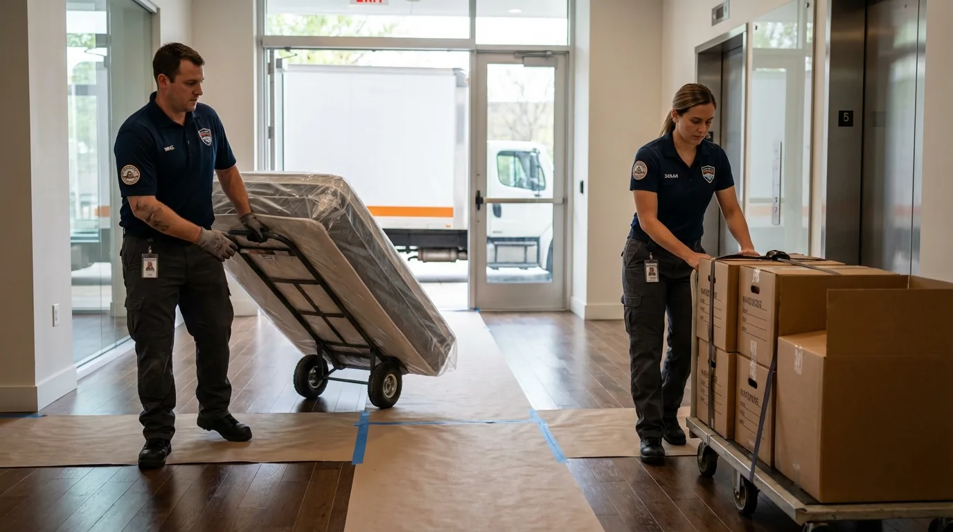 Professional apartment movers loading elevator in Watkinsville, GA
