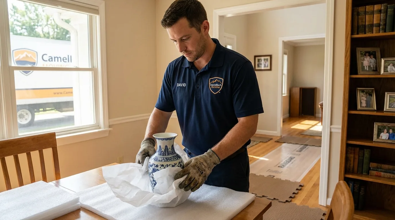 Professional crew carefully wrapping antique vase for senior downsizing move in Watkinsville, GA